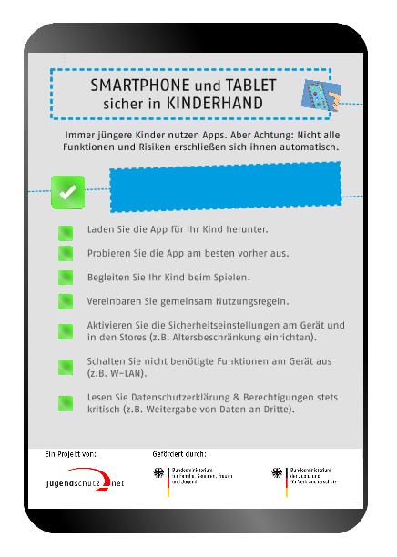 Ansicht: Smartphone und Tablet sicher in Kinderhand Neuer App-Handzettel zum Download von jugendschutz.net  